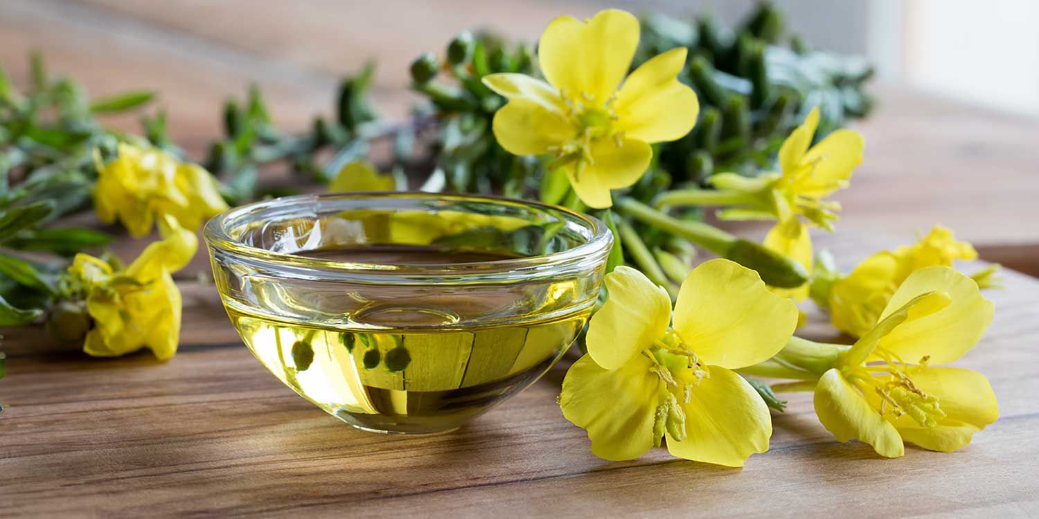 A bowl of evening primrose oil next to evening primrose flowers