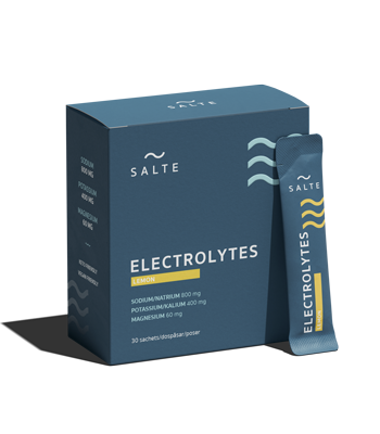 Förpackning med Salte Elektrolyter i citronsmak, låda med dospåsar