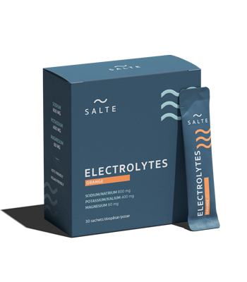 Förpackning med Salte Elektrolyter med apelsinsmak, låda med dospåsar