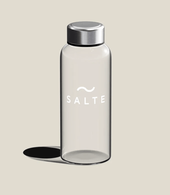Glass bottle with SALTE logo and stainless steel lid Glass bottle with SALTE logo and stainless steel lid