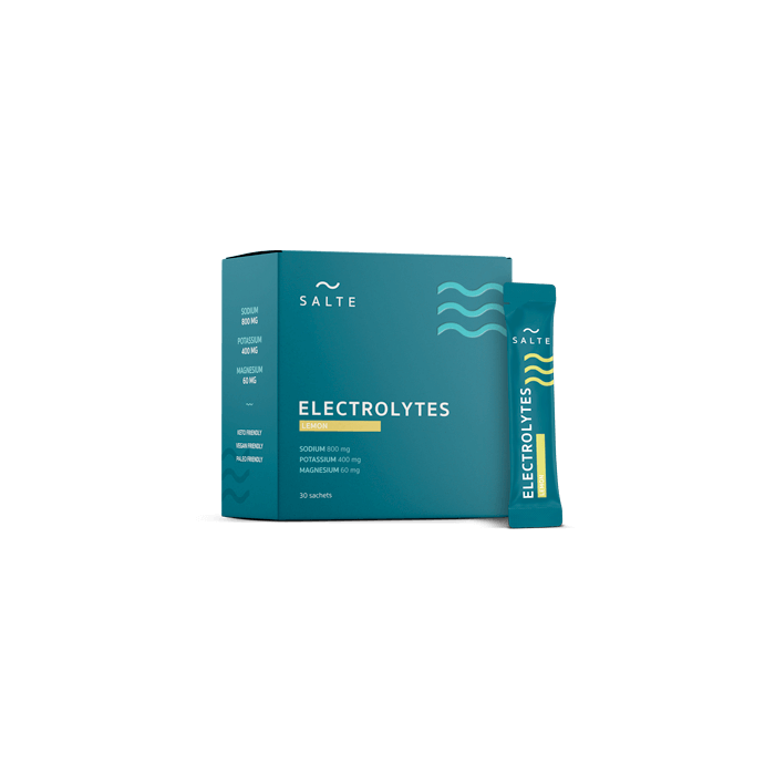 Packaging with Salty Electrolytes in lemon flavor, box with sachets