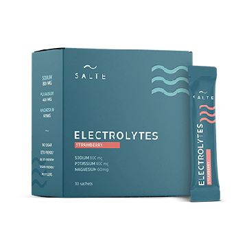 Förpackning med Salte Elektrolyter med jordgubbssmak, låda med dospåsar