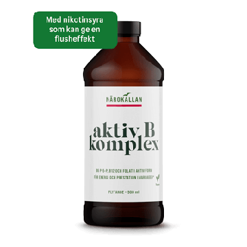 Flaska med Aktiv B Komplex och en ruta som informerar om att den innehåller nikotinsyra som kan ge en flusheffekt