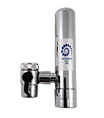 Chrome faucet water filter with cylindrical housing and lever to switch between filtered and unfiltered water.