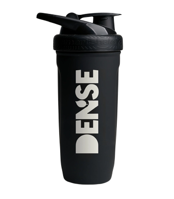 Svart DENSE rostfri shaker med lock och tydlig vit logotyp. Svart DENSE rostfri shaker med lock och tydlig vit logotyp.