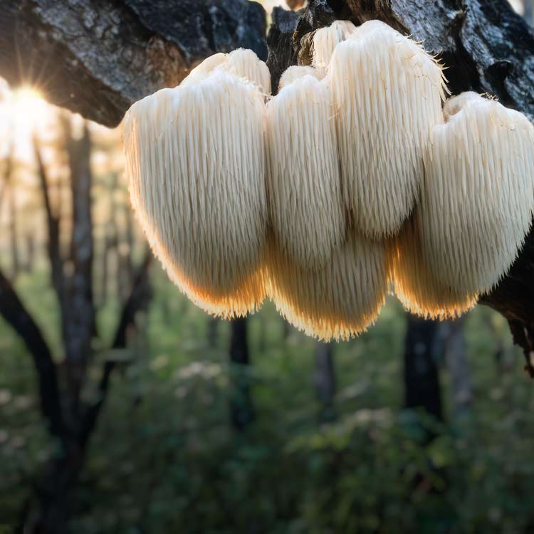 Lion's Mane svamp som hänger på ett träd ute i skogen