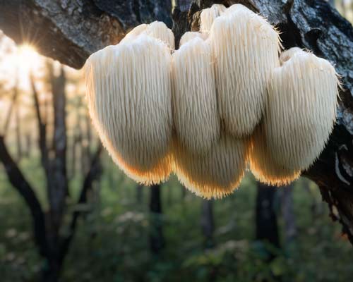 Lion's Mane svamp som hänger på ett träd ute i skogen