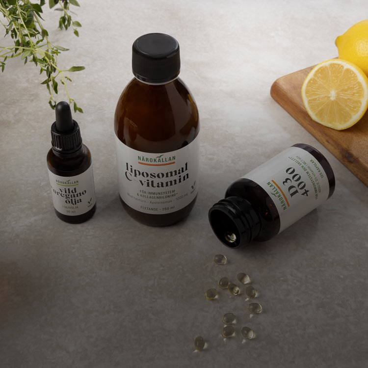 N&auml;rok&auml;llan supplements: liposomal vitamin C, wild oregano oil and vitamin D3.