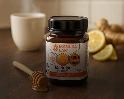 Burk med Mānuka Lab Manukahonung bredvid citron och ingefära
