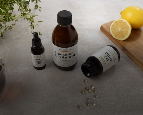 N&auml;rok&auml;llan supplements: liposomal vitamin C, wild oregano oil and vitamin D3.